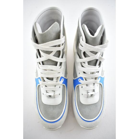 Chanel 18P Blue White Grey CC Logo Lace Up Tie Flat Trainer High Top Sneaker 38 - Picture 15 of 16